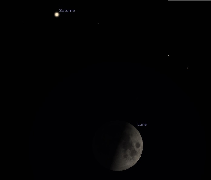 Position et aspect de Saturne et de la Lune, alors en premier quartier, juste après le coucher du Soleil le samedi 5 octobre 2019.