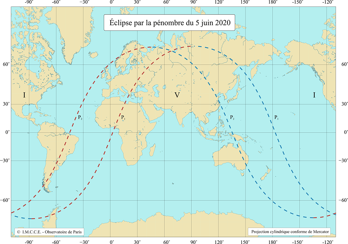 Carte de l’éclipse de Lune par la pénombre du 5 juin 2020.