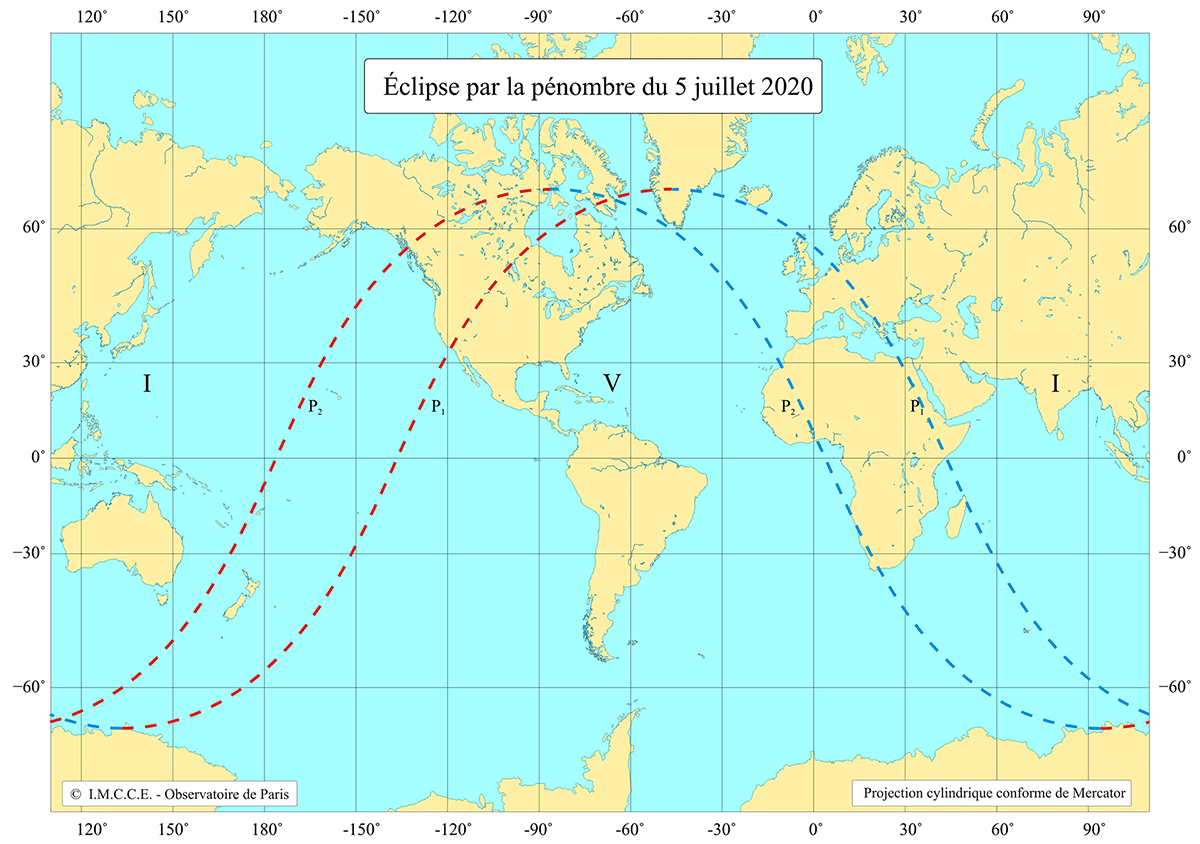 Carte de visibilité de l’éclipse de Lune par la pénombre du 5 juillet 2020.