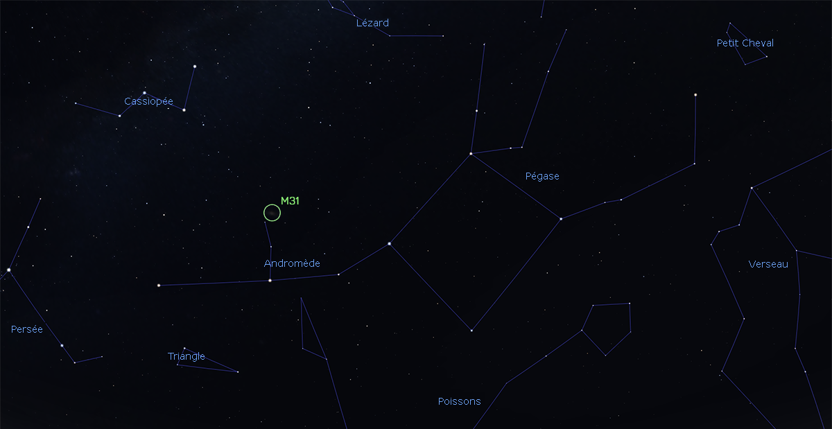 Localisation de la galaxie d’Andromède, le 15 septembre 2020, à 22 h 00 en Temps légal français, depuis la latitude de Paris.