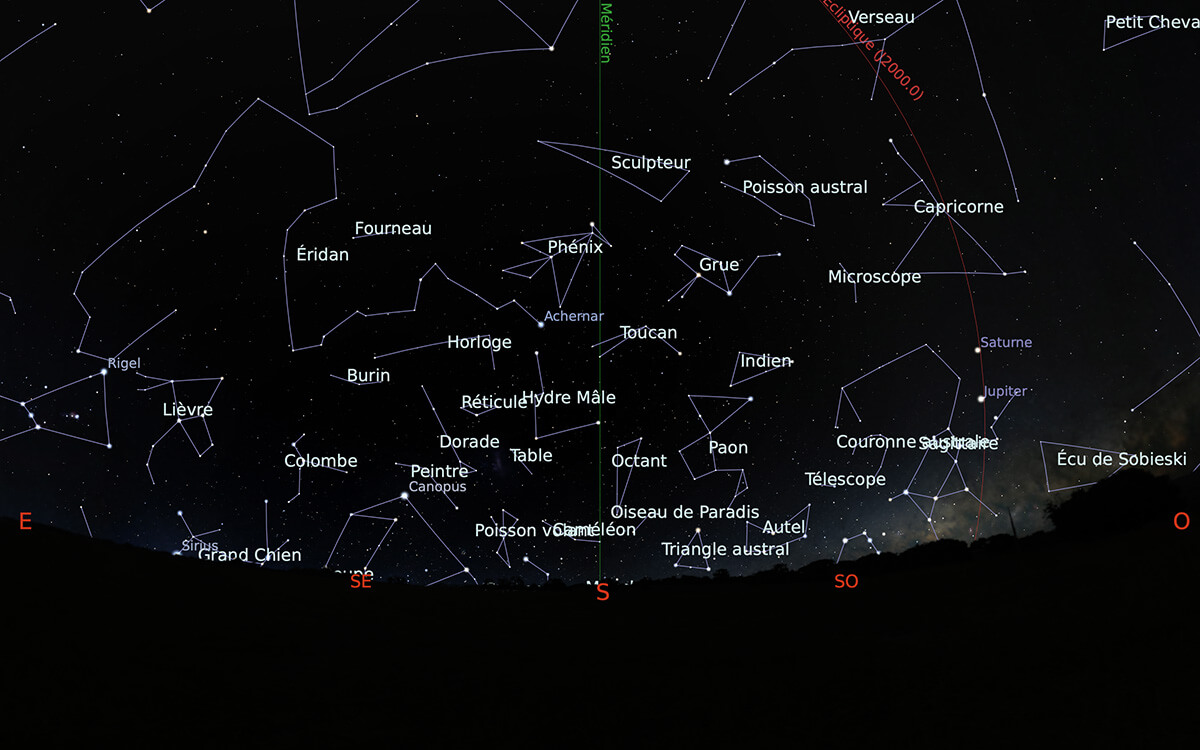 Carte du ciel de l’hémisphère sud, en direction du sud, au 15 octobre 2020
