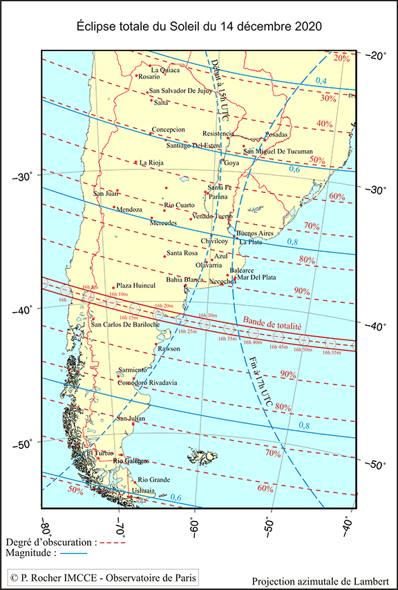 Carte de visibilité de l’éclipse totale de Soleil du 14 décembre 2020 centrée sur l’Amérique du Sud