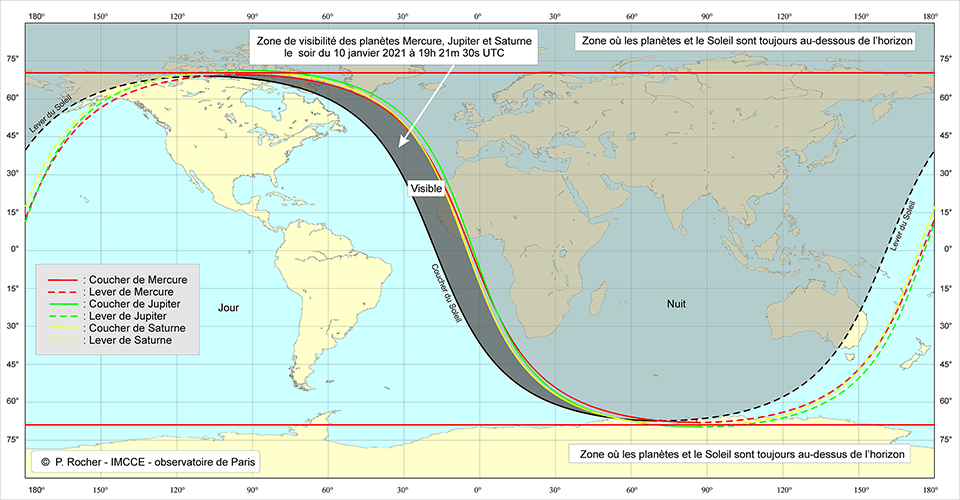 Zone de visibilité des trois planètes à l’instant du regroupement