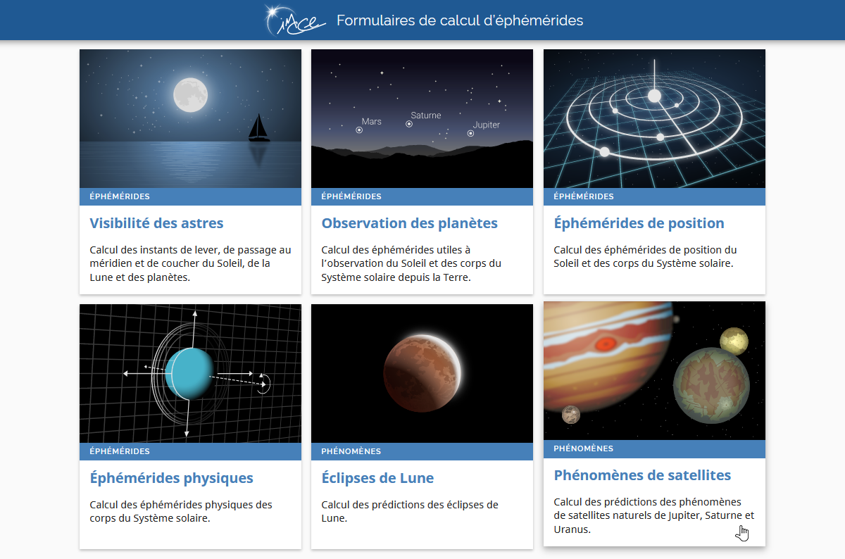 Page d’accueil du portail des formulaires de calcul de l’IMCCE