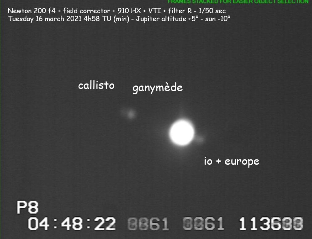 Image du système de Jupiter pendant l’observation. Les deux satellites concernés sont Io et Europe qui éclipse Io. Il n’est pas possible d’isoler Io pour observer la chute en flux. Le flux enregistré (Io et Europe ensemble) est donné ci-après. Il n’atteint pas 70% parce que la luminosité d’Europe se joint à celle de Io. Il n’est pas possible de les séparer.