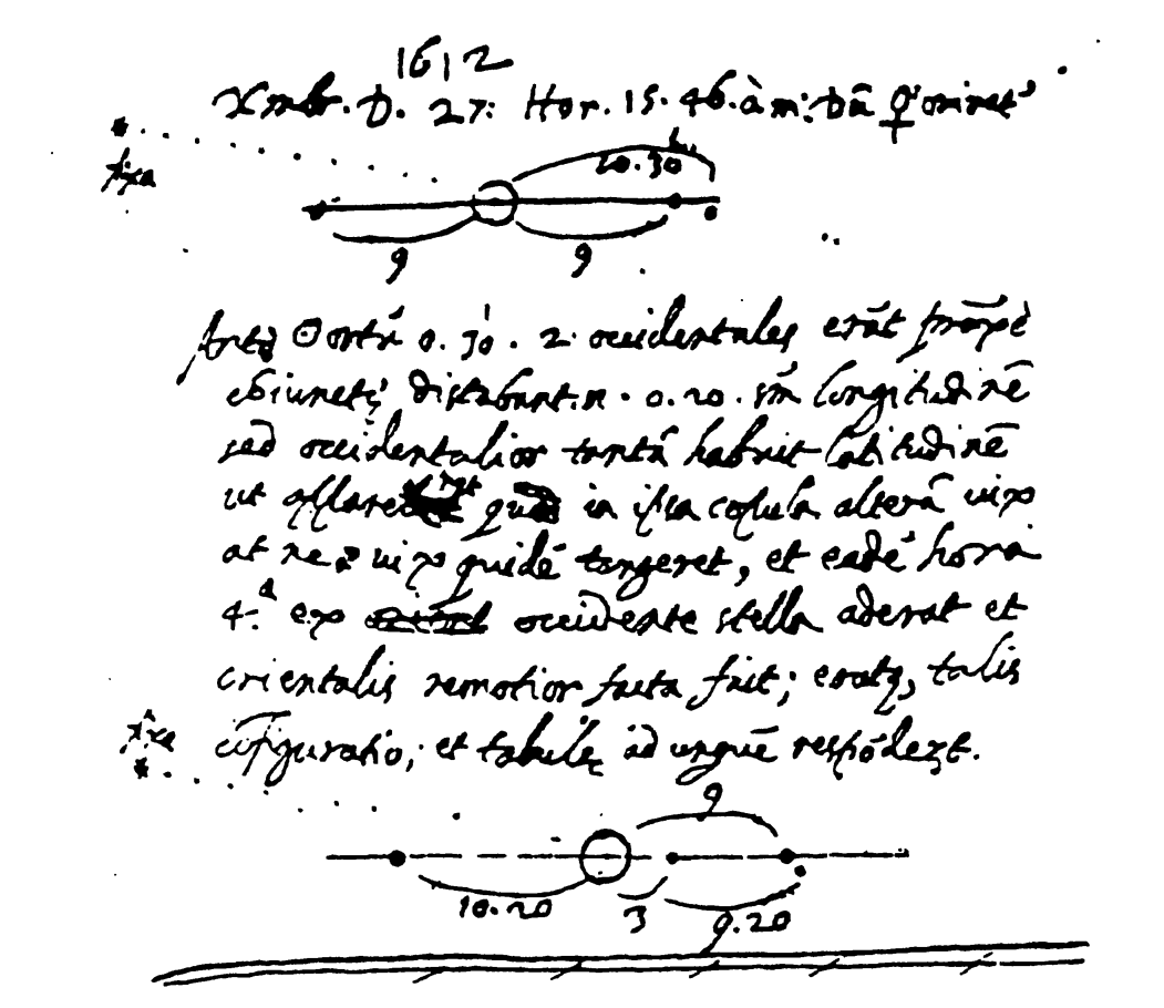 Extrait d’une page du carnet d’observation de Galilée pour ses observations du 27-28 décembre 1612 et du 2-3 janvier 1613. L’étoile notée « fixa » était en réalité Neptune.