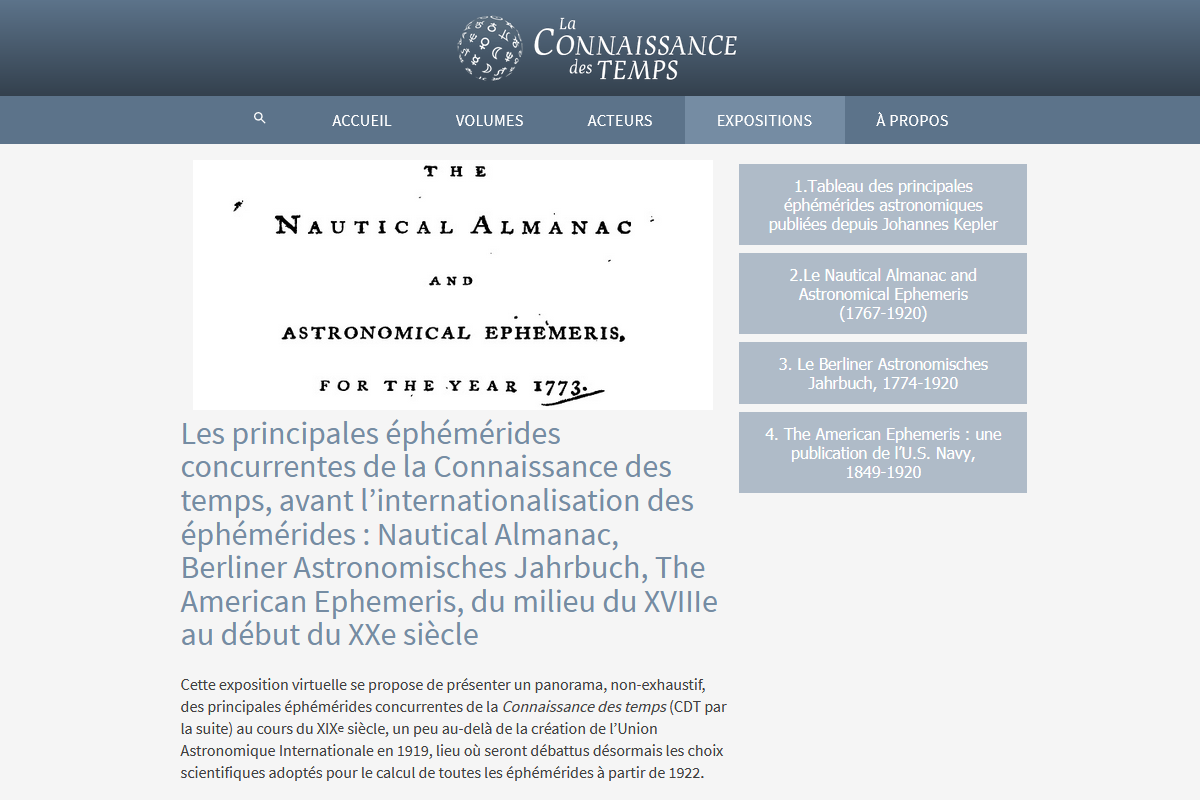 Nouvelle exposition sur le site web de l’IMCCE dédié à la Connaissance des temps