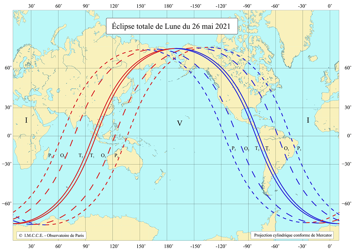 Carte de visibilité de l’éclipse totale de Lune du 26 mai 2021