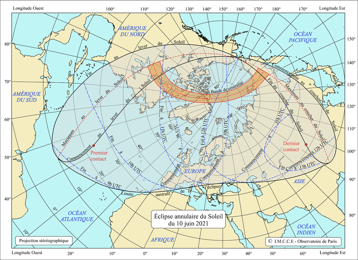 Carte de visibilité de l’éclipse totale du 10 juin 2021.