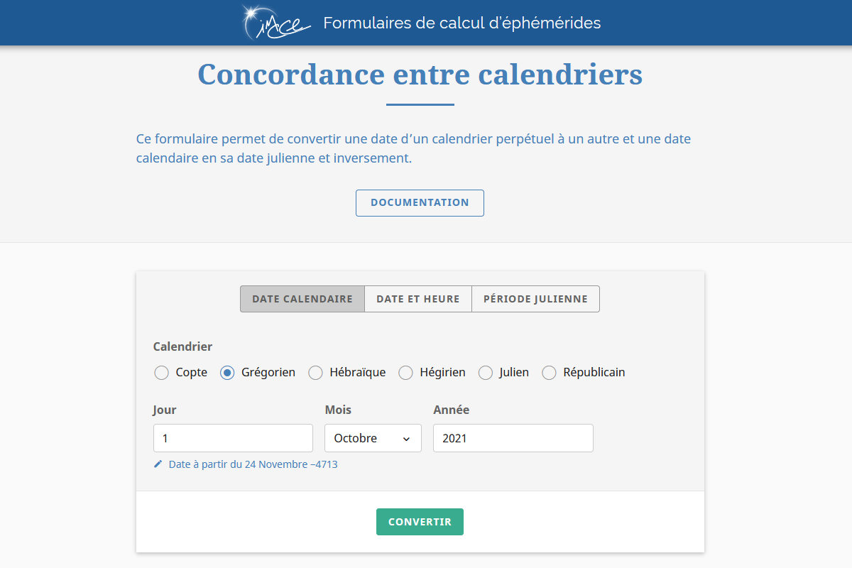 Formulaire de calcul de concordance entre calendriers