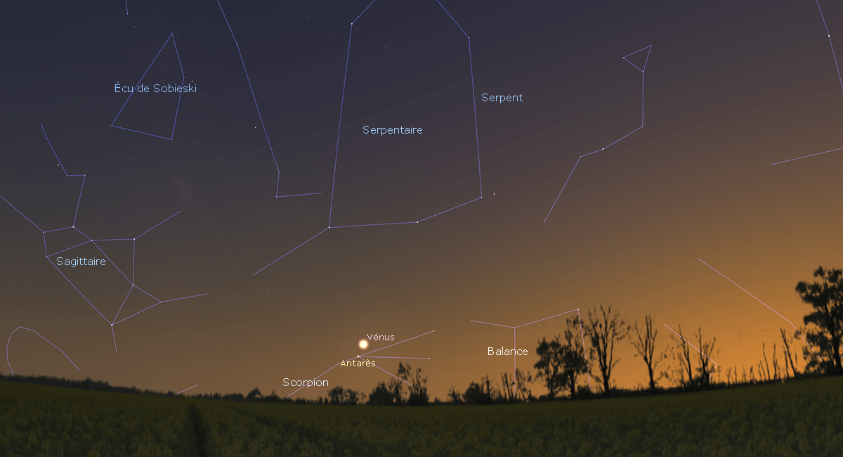Configuration de la conjonction entre Vénus et Antarès le 16 octobre 2021 à 20 h 00 en Temps légal français