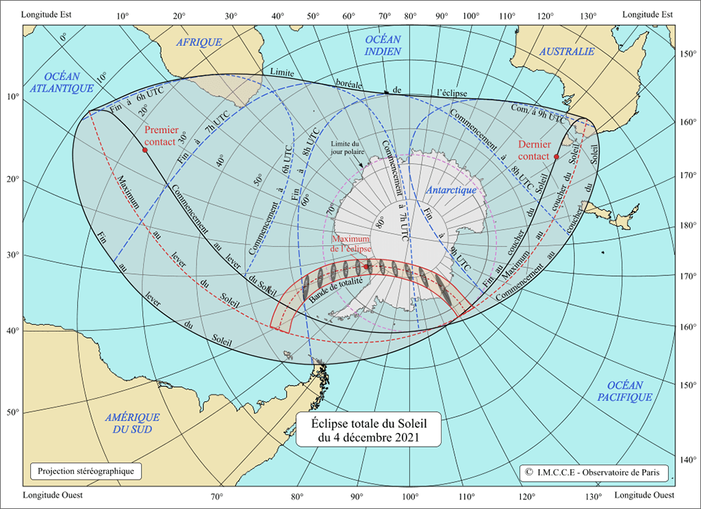 Carte de visibilité de l’éclipse totale de Soleil du 4 décembre 2021.