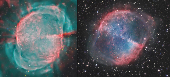 Crops de nos deux images montrant la différence de résolution des détails au cœur de M27