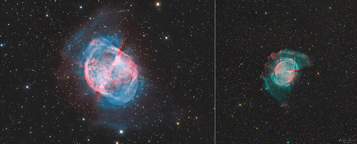 À gauche, l’image de Sébastien Kuenlin (16 h 40 de poses avec RC 400 mm f/8 et caméra ASI 2 600 mm) montrant des détails plus fins dans le cœur que mon image,
									mais avec des extensions au rapport signal/bruit inférieur, notamment pour les plus éloignées.