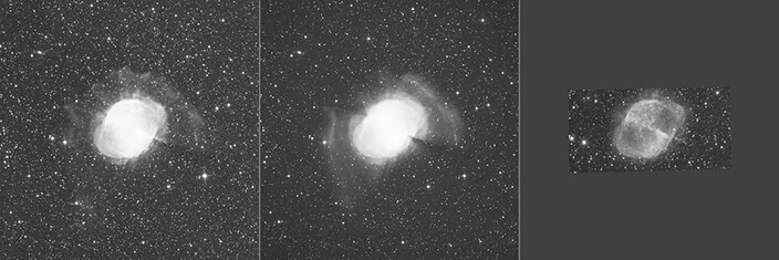 De gauche à droite, le stack Halpha et le stack Oiii de Mathieu en autostrech pour saisir la dynamique réelle de l’objet, et le stack Halpha-Ir de Stéphane.