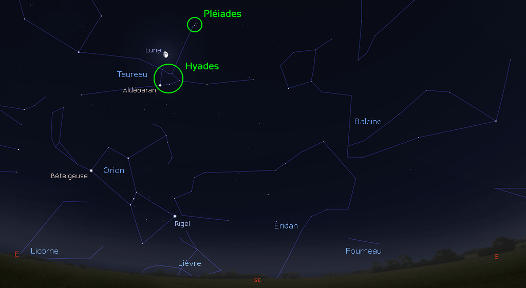 Passage de la Lune entre les Pléiades et les Hyades, le 13 janvier 2022 à 18 h 30 min en Temps légal français
