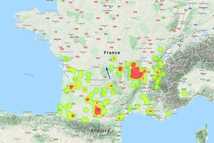 Fig. 1 – Carte des témoins ayant rapporté leur observation à Vigie-Ciel et l’International Meteor Organization via le rapport d’observation en ligne