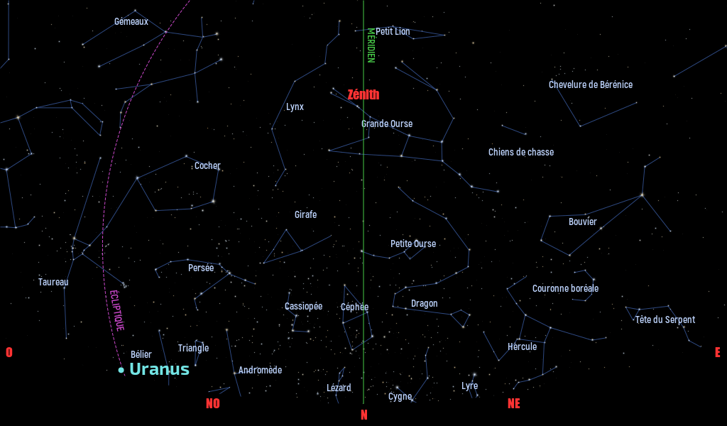 Carte du ciel de l’hémisphère nord, en direction du nord, au 15 mars 2022