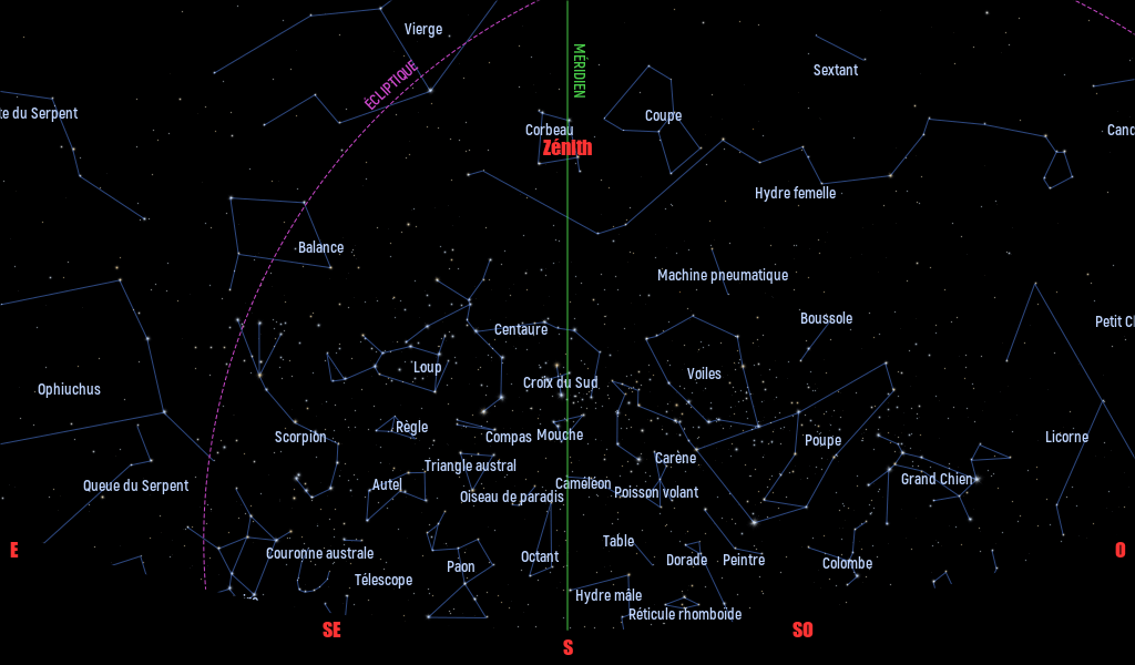 Carte du ciel de l’hémisphère sud, en direction du sud, au 15 avril 2022