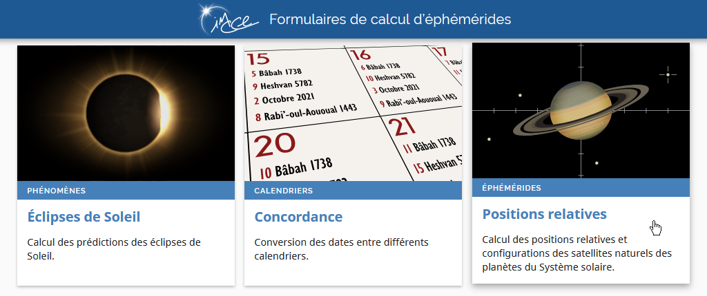 Page d’accueil du portail des formulaires de calcul de l’IMCCE.