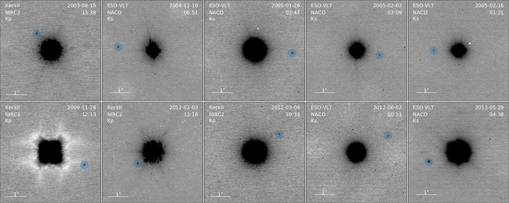 Exemple d’images en optique adaptative. Les petits cercles bleus indiquent la position du satellite (le nord est en haut et l’est est à gauche)