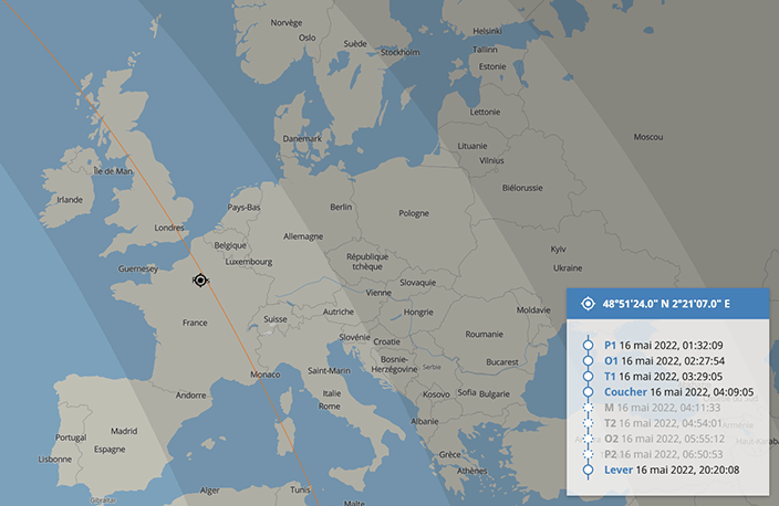 Carte des circonstances locales de l’éclipse totale du 16 mai 2022 à Paris