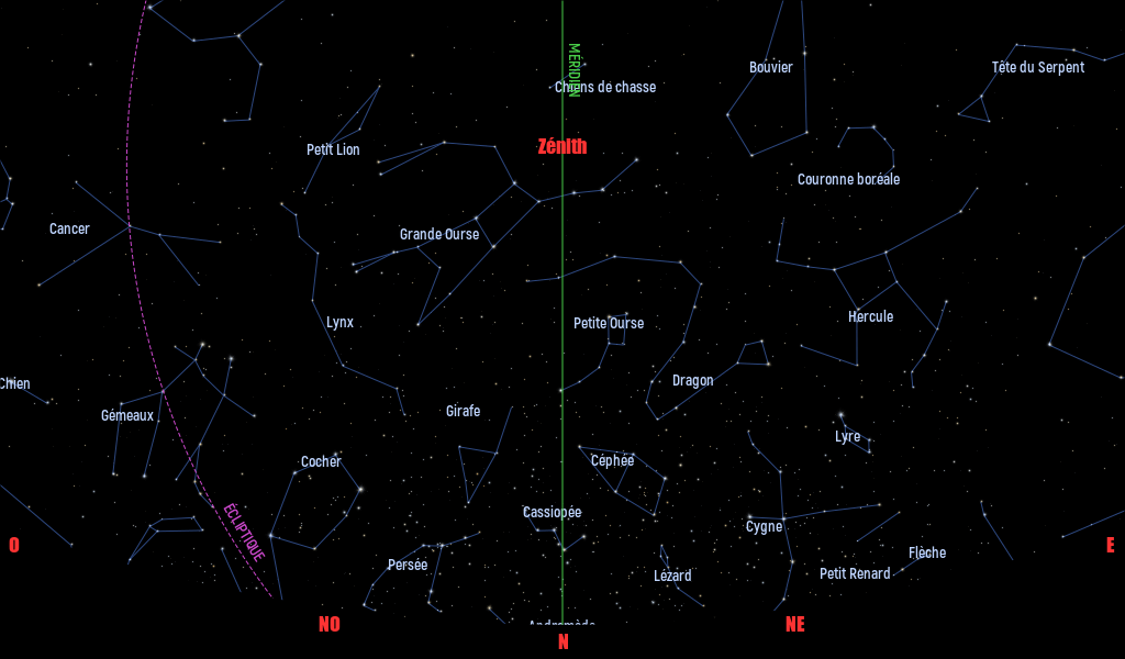 Carte du ciel de l’hémisphère nord, en direction du nord, au 15 mai 2022
