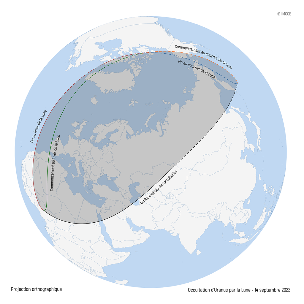 Carte de visibilité de l’occultation d’Uranus par la Lune du 14 septembre 2022.