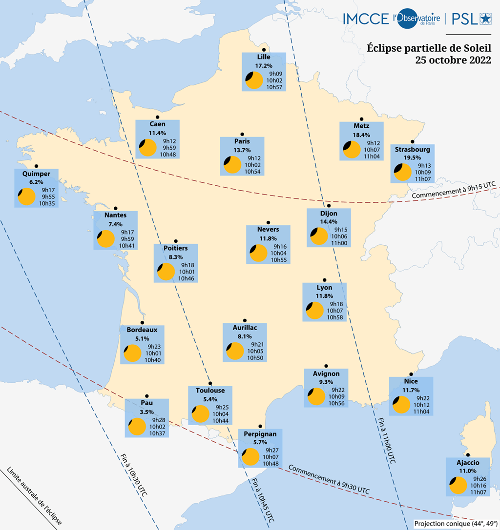 Aspect apparent de l’éclipse partielle de Soleil du 25 octobre 2022 pour plusieurs villes de France, dans le repère local de l’observateur