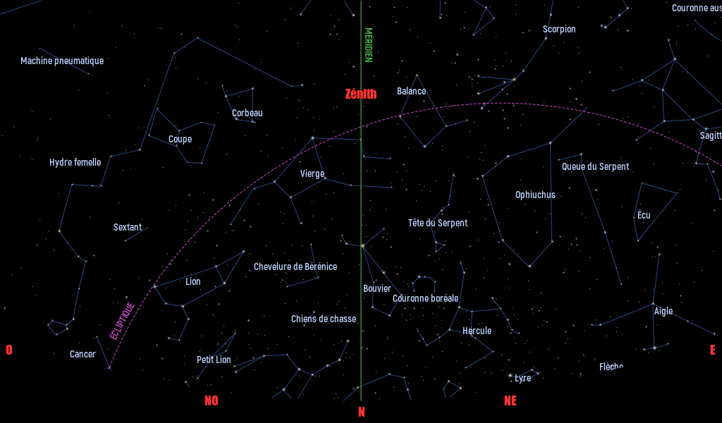 Carte du ciel de l’hémisphère sud, en direction du nord, au 15 mai 2023