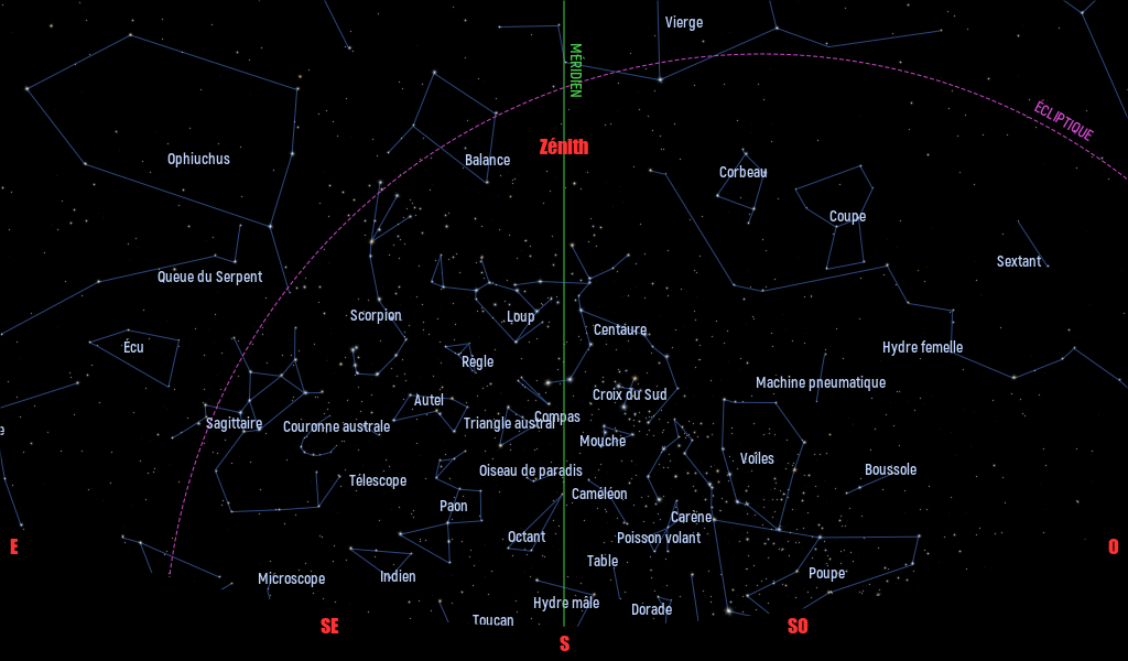 Carte du ciel de l’hémisphère sud, en direction du sud, au 15 mai 2023