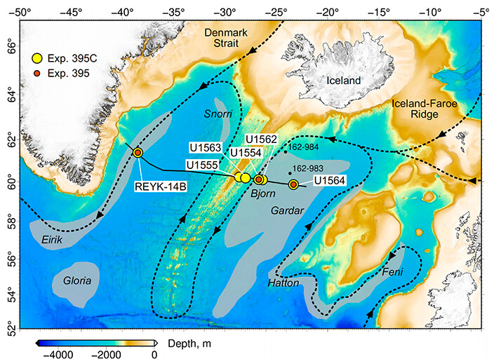 Carte des sites de carottage de l’expédition 395, au large de l’Islande