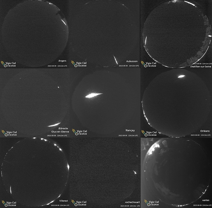 Fig. 1 – Mosaïque d’images du bolide du 9 septembre 2023, 22 h 13 TU, filmé avec les caméras FRIPON.