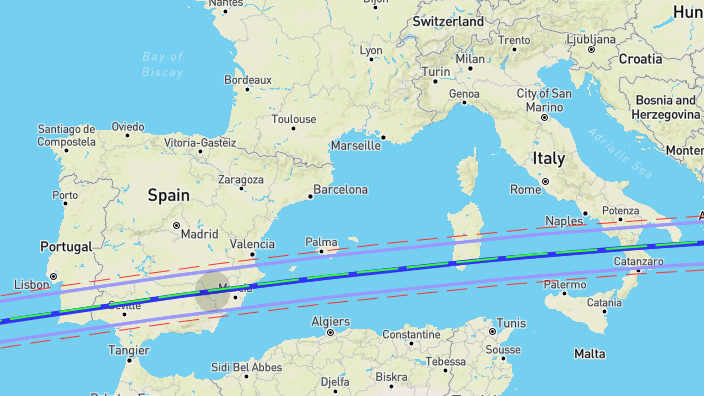 Carte de visibilité de l’occultation de Bételgeuse par (319) Leona le
									12 décembre 2023.