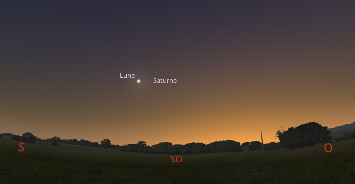 Configuration de la conjonction entre la Lune et Saturne dans les lueurs du couchant le 14 janvier 2024 vers 18 h 00 en Temps légal français.