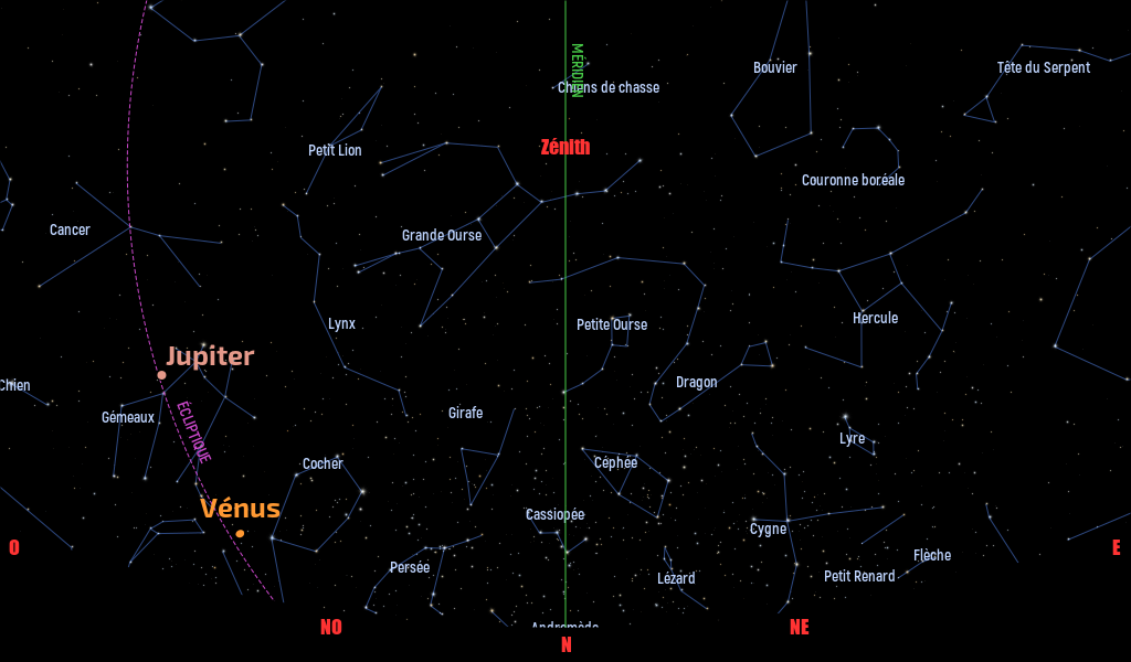 Carte du ciel de l’hémisphère nord, en direction du nord, au 15&nbsp;Mai 2026