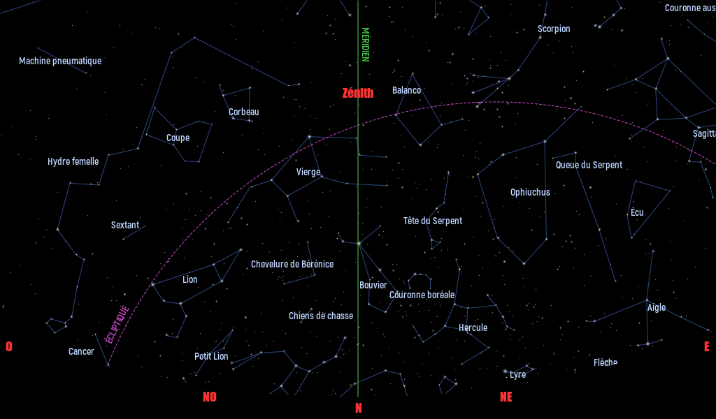 Carte du ciel de l’hémisphère sud, en direction du nord, au 15&nbsp;Mai 2026