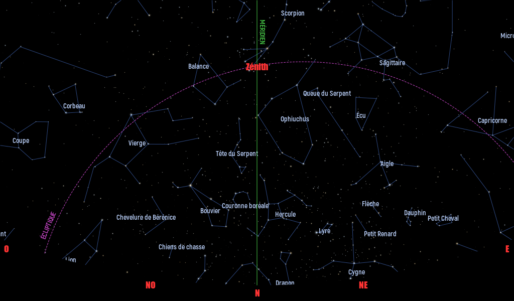 Carte du ciel de l’hémisphère sud, en direction du nord, au 15&nbsp;Juin 2026